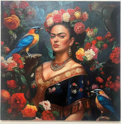 art-moderne-portrait-Frida-Khalo-fleurs-oiseaux-belle-peinture-huile-toile - Kikooyou Art Gallery