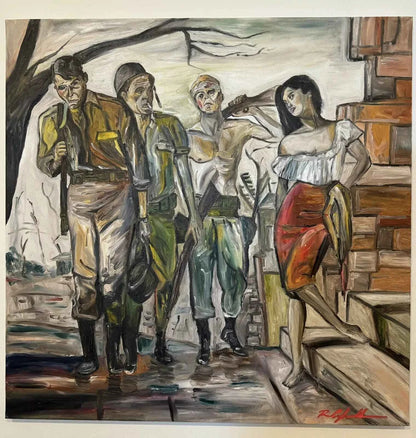 art-scène-vie-soldat-guerre-fille-peinture huile sur toile