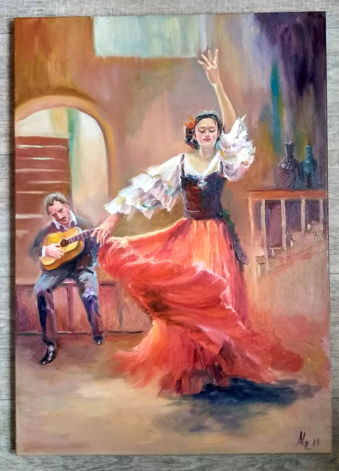 art-scène-vie-danseuse-flamenco-guitariste-peinture-huile-toile