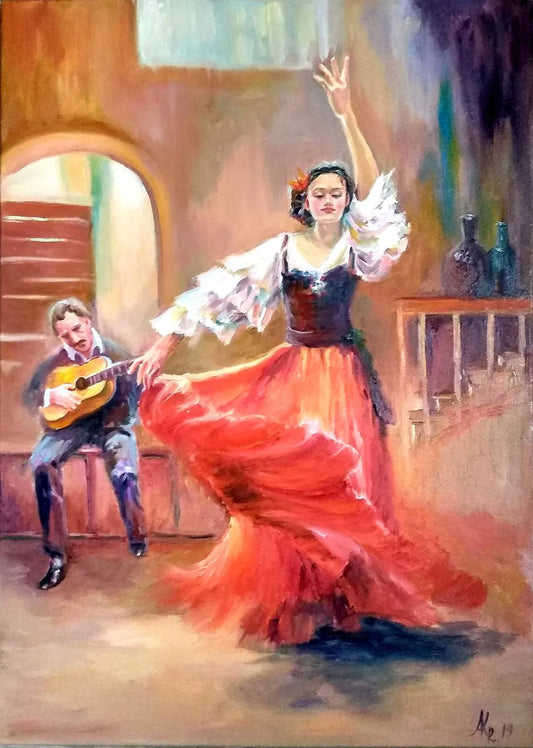 art-scène-vie-danseuse-flamenco-guitariste-peinture-huile-toile