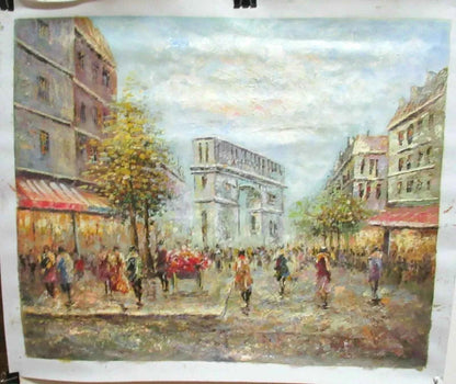art-scène-rue-Paris-France-personnages-arc-peinture-huile-toile-non signée