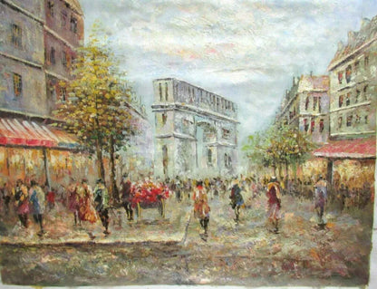 art-scène-rue-Paris-France-personnages-arc-peinture-huile-toile-non signée