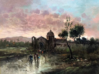 art-paysage-personnages-église-messe-peinture-huile-toile