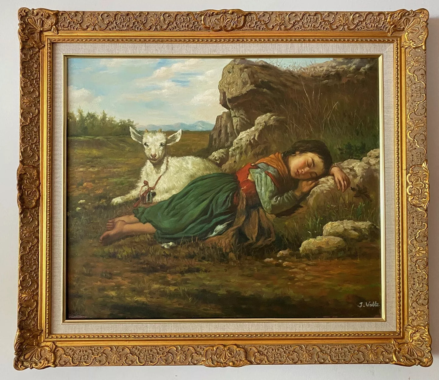 Grand tableau huile - Jeune bergère reposant avec sa chèvre - Cadre doré orné