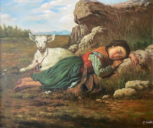 Grand tableau huile - Jeune bergère reposant avec sa chèvre - Cadre doré orné