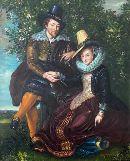 art-portrait-noble-homme-femme-chapeau-peinture-huile-toile-cadre