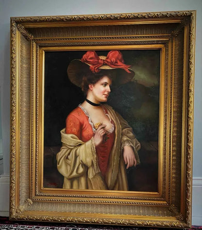 art-portrait-noble-dame-femme-chapeau-peinture-huile-toile-cadre - Kikooyou Art Gallery