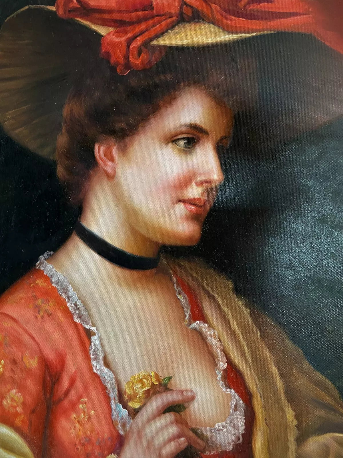 art-portrait-noble-dame-femme-chapeau-peinture-huile-toile-cadre
