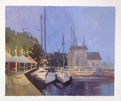 art-paysage-scène-port-plaisance-bateaux-peinture-huile-toile