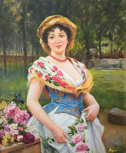art-portrait-jeune-fille-panier-fleurs-peinture-huile-toile-cadre