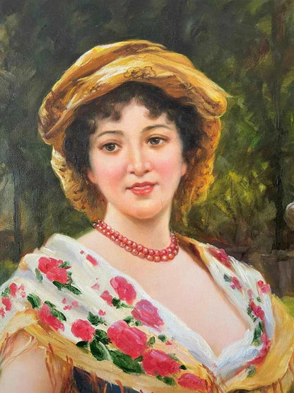 art-portrait-jeune-fille-panier-fleurs-peinture-huile-toile-cadre