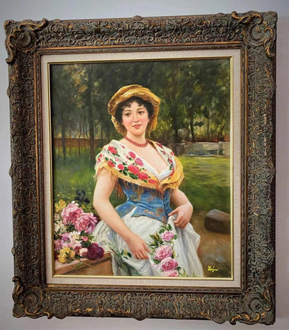 art-portrait-jeune-fille-panier-fleurs-peinture-huile-toile-cadre
