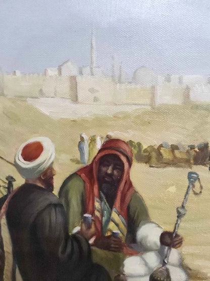 art-orientaliste-scène arabe-désert-peinture huile sur toile