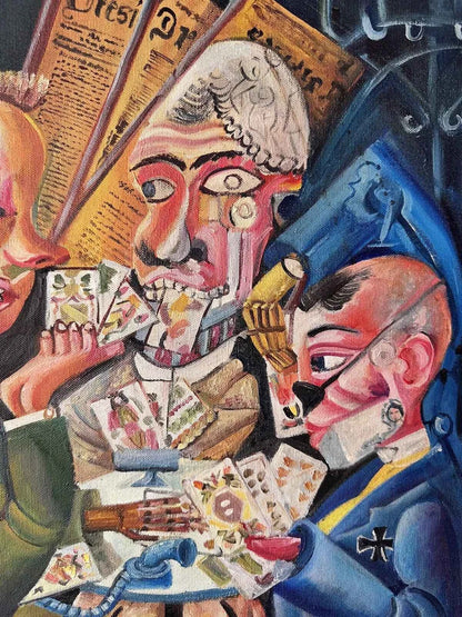 art-surréaliste-scène partie-jeu-cartes-peinture-huile-toile