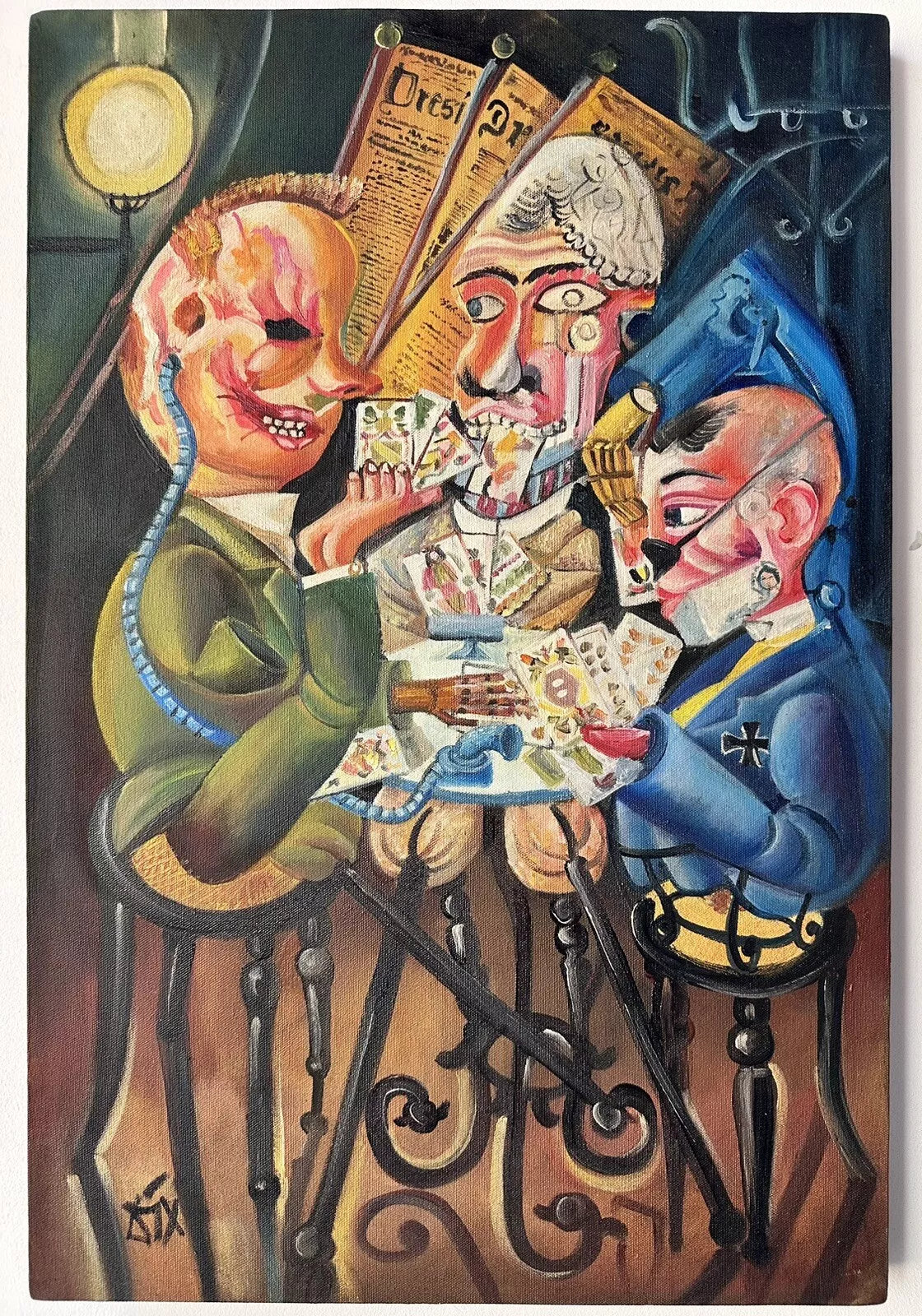art-surréaliste-scène partie-jeu-cartes-peinture-huile-toile