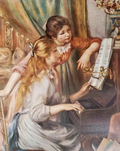 art-portrait-scène-vie-soeurs-filles-leçon-piano-musique-peinture-huile-toile