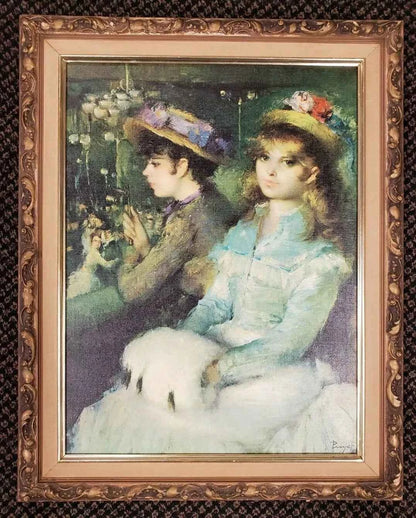 art-scène-vie-séduisantes-jeunes-femmes-chapeaux-loge-peinture-huile-toile