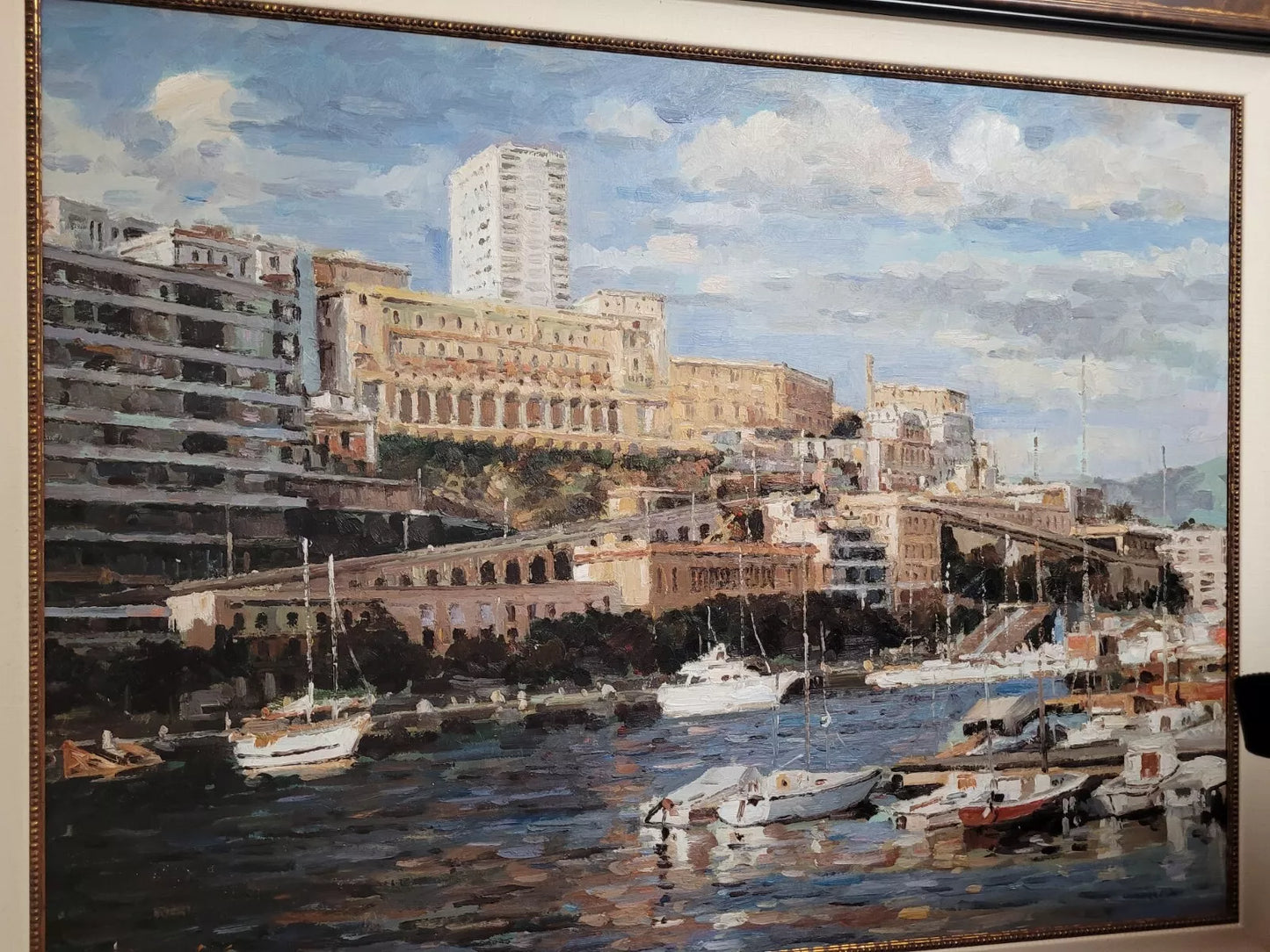 art-paysage-marina-port-bateaux-plaisance-ville-peinture-huile-toile