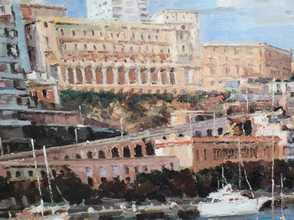 art-paysage-marina-port-bateaux-plaisance-ville-peinture-huile-toile