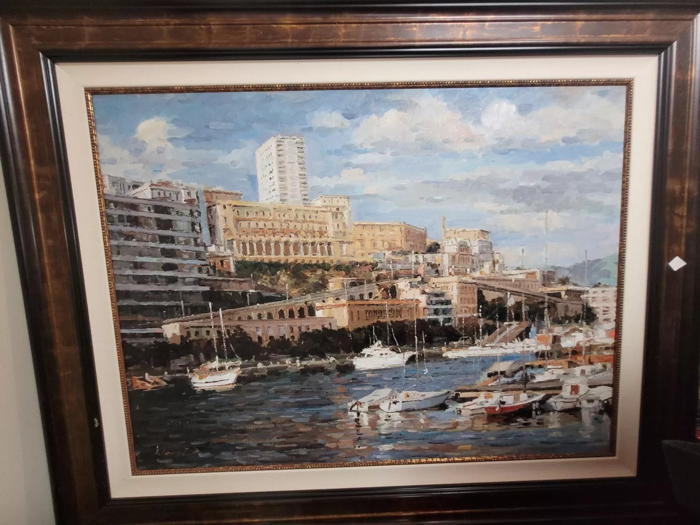 art-paysage-marina-port-bateaux-plaisance-ville-peinture-huile-toile