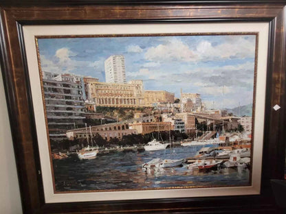 art-paysage-marina-port-bateaux-plaisance-ville-peinture-huile-toile