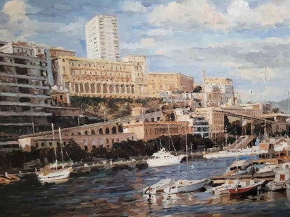 art-paysage-marina-port-bateaux-plaisance-ville-peinture-huile-toile