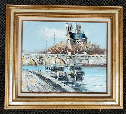 art-paysage-ville-Paris-bateaux-cathédrale-notre dame-quai-peinture-huile-toile