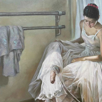 art-portrait-scène-danseuse-ballerine-préparation-ballet-peinture-huile sur toile