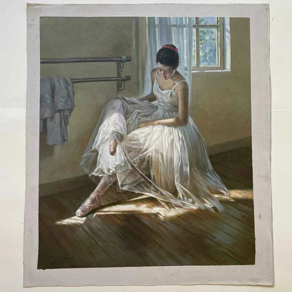 art-portrait-scène-danseuse-ballerine-préparation-ballet-peinture-huile sur toile