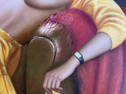 art-érotique-nue-féminin-femme-intégrale-allongée-fauteuil-peinture-huile-toile