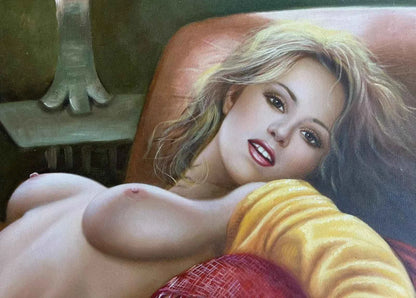 art-érotique-nue-féminin-femme-intégrale-allongée-fauteuil-peinture-huile-toile