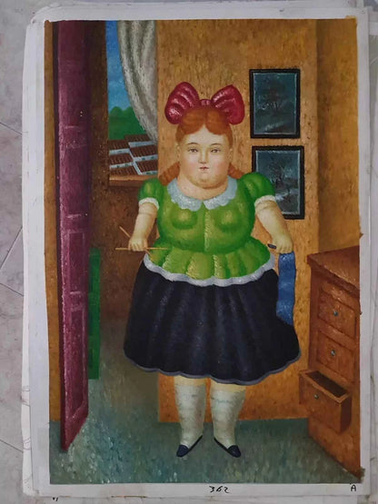 art-moderne-scène-vie-petite-fille-tricot-peinture-huile-toile