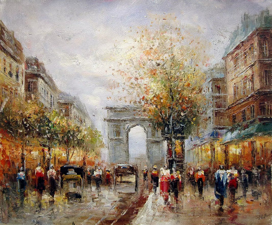 art-scène-rue-Paris-France-personnages-arc-triomphe-peinture-huile-toile