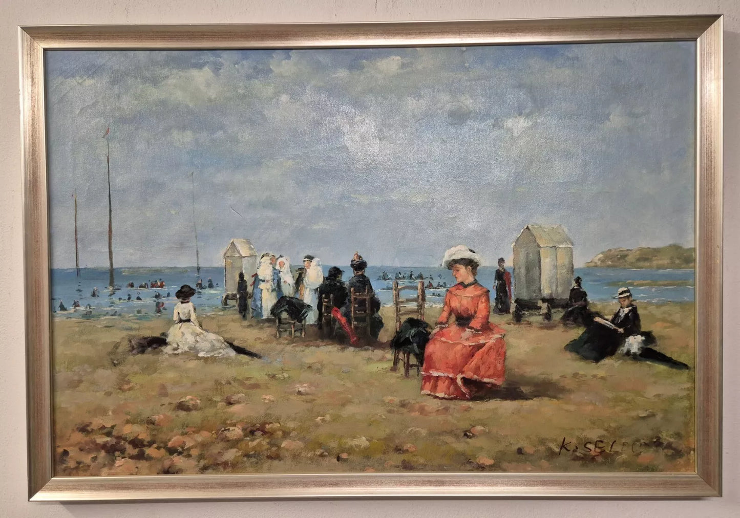 Tableau huile impressionnisme scène de plage signé K. Selow
