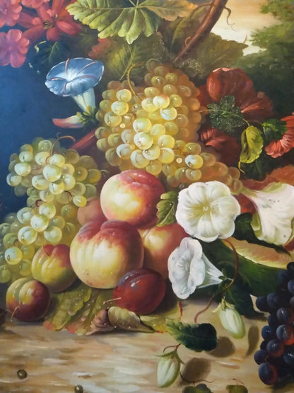 art-nature-morte-fruits-fleurs-peinture-huile-toile