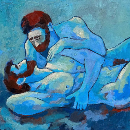 art-moderne-érotique-gay-peinture-huile sur toile-originale-hommes-nus