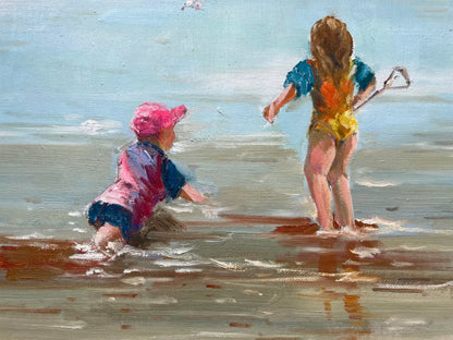 art-scène-vie-enfants-plage-peinture-originale-huile-toile