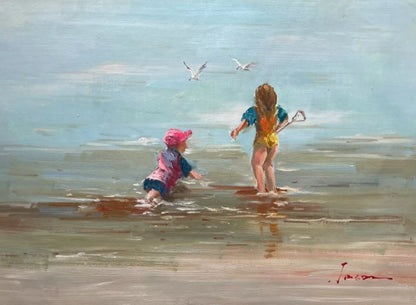 art-scène-vie-enfants-plage-peinture-originale-huile-toile