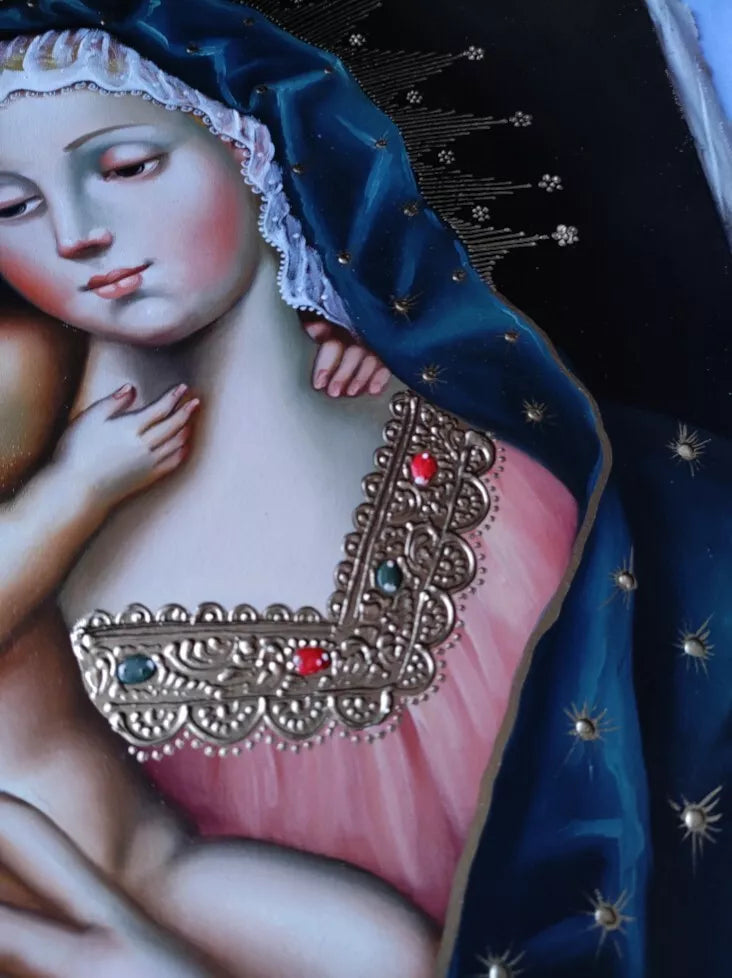 Vierge à l'Enfant, Vierge Marie, Peinture à l'huile originale, Peinture école Cuzco