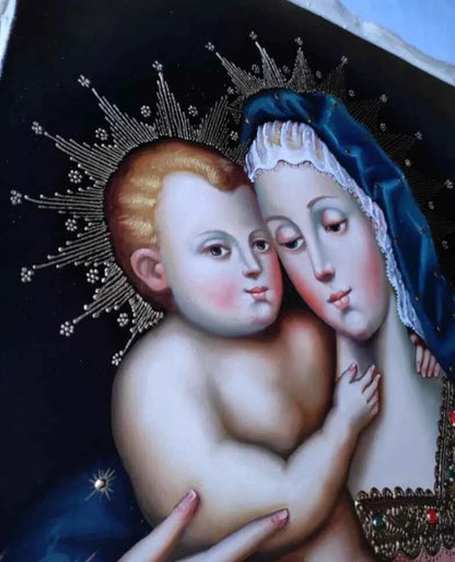 Vierge à l'Enfant, Vierge Marie, Peinture à l'huile originale, Peinture école Cuzco