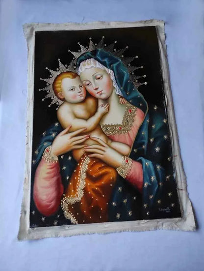 Vierge à l'Enfant, Vierge Marie, Peinture à l'huile originale, Peinture école Cuzco