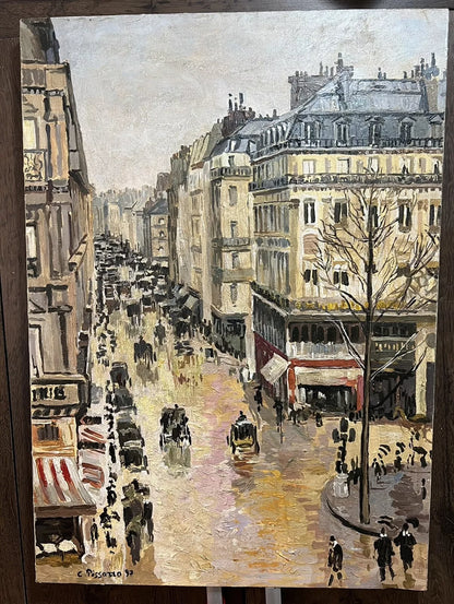 art-paysage-scène-rue-Paris-personnages-peinture-huile-toile-d'après Pissaro