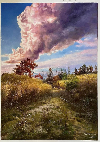 art-paysage-soleil-couchant-campagne-peinture-huile-toile