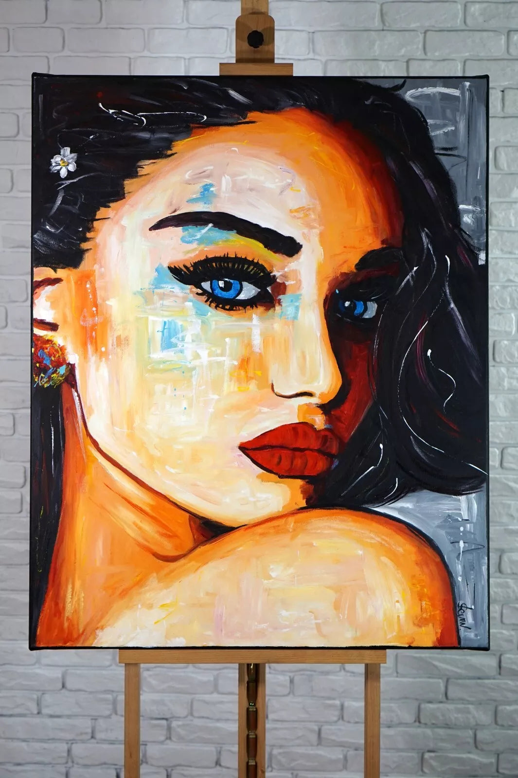 Grand tableau acrylique original simple contemporain peint main visage abstrait