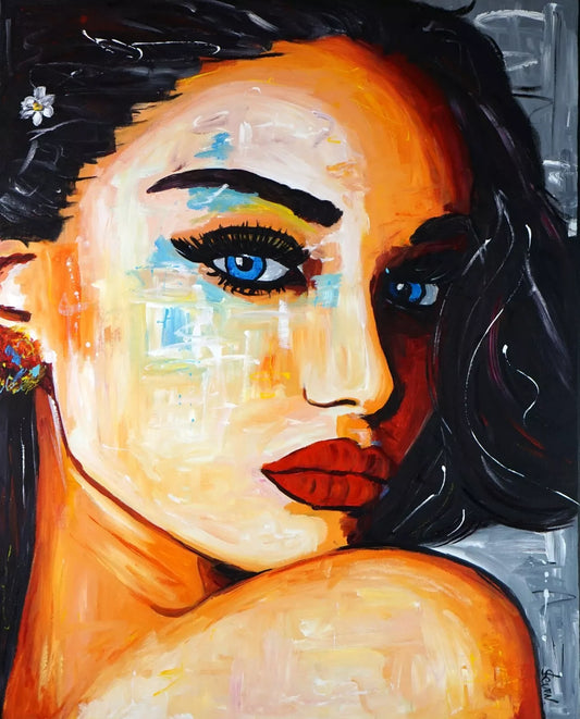 Grand tableau acrylique original simple contemporain peint main visage abstrait