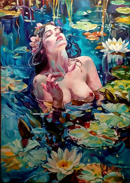 art-erotique-feminin-femme-nue-etang-peinture-huile-toile