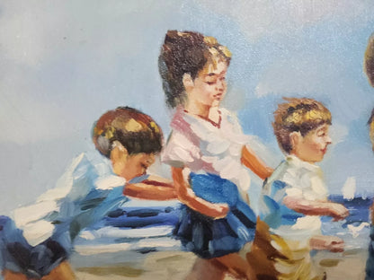 art-scene-vie-enfants-plage-peinture-huile-toile