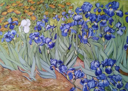 art-fleurs-jardin-iris-bleus-blancs-huile-toile