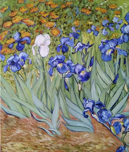 art-fleurs-jardin-iris-bleus-blancs-huile-toile