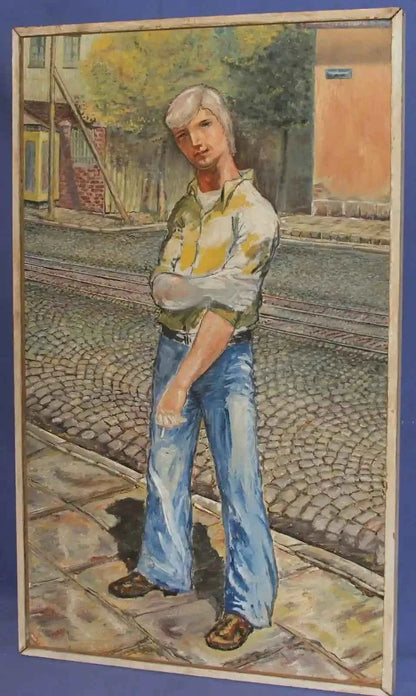 Peinture à l'huile vintage jeune homme portrait grandeur nature paysage urbain